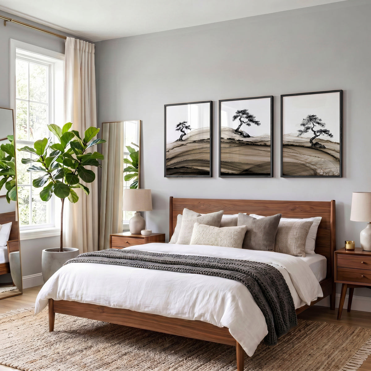 Landscape Prints Japanese Ink Bonsai Trees on Rolling Hills | Set of 3