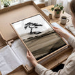 Landscape wall art Japanese Ink Bonsai Trees on Rolling Hills displayed on a wall in a styled room — view 10