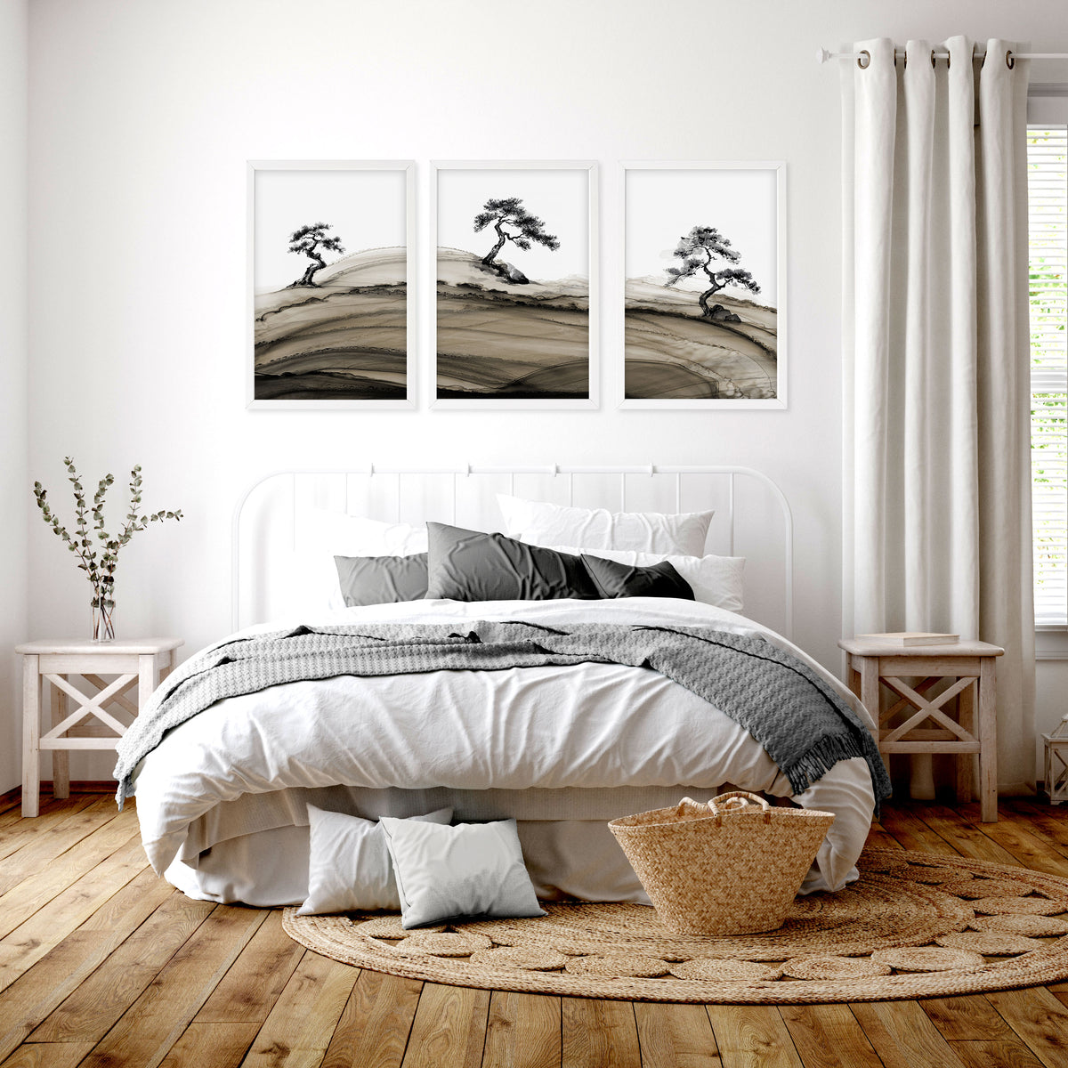 Landscape wall art Japanese Ink Bonsai Trees on Rolling Hills displayed on a wall in a styled room — view 7