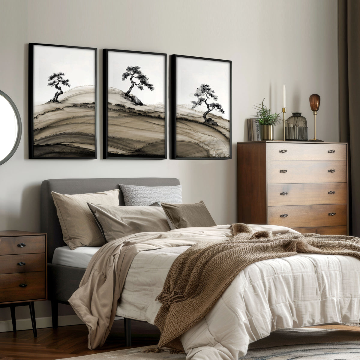 Landscape wall art Japanese Ink Bonsai Trees on Rolling Hills displayed on a wall in a styled room — view 9