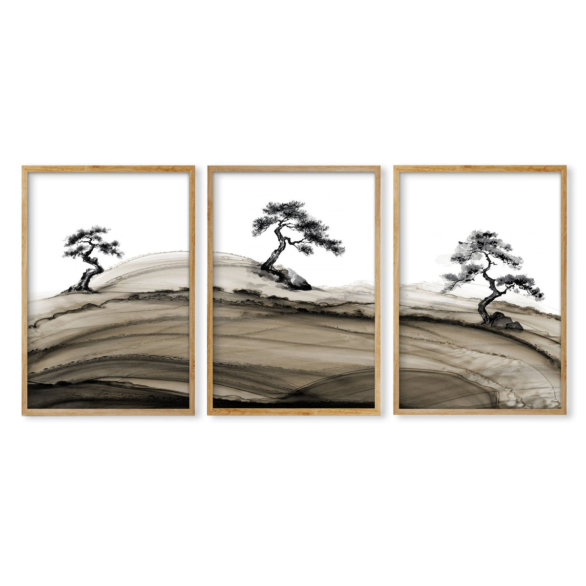 Landscape wall art Japanese Ink Bonsai Trees on Rolling Hills in an oak frame