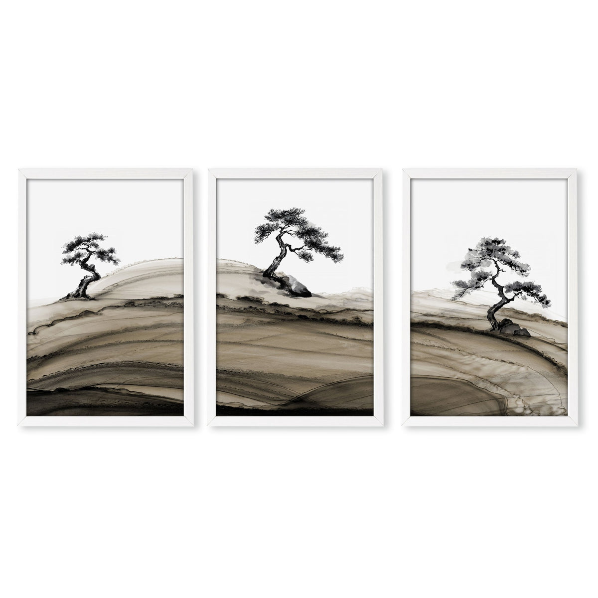 Landscape wall art Japanese Ink Bonsai Trees on Rolling Hills in a white frame