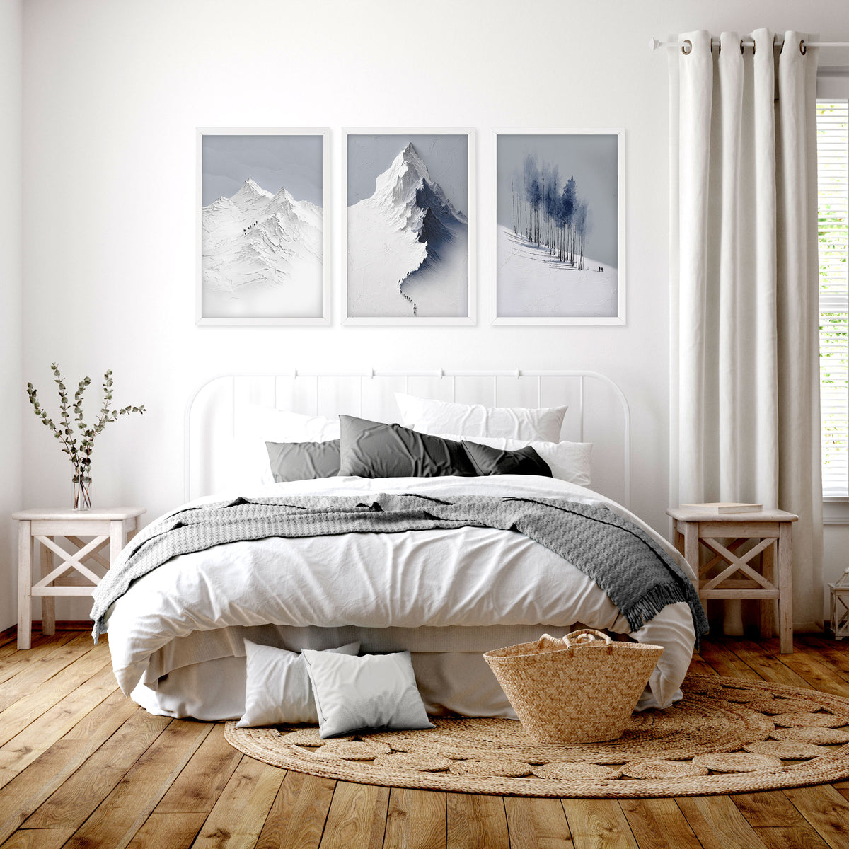 Landscape Wall Art Nordic Snow Mountains & Winter Forest wall art displayed on a wall in a styled room — view 6