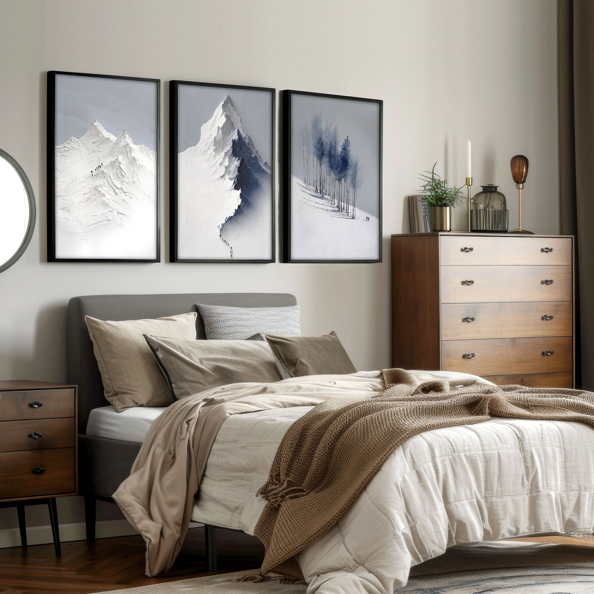 Landscape Wall Art Nordic Snow Mountains & Winter Forest wall art displayed on a wall in a styled room — view 8