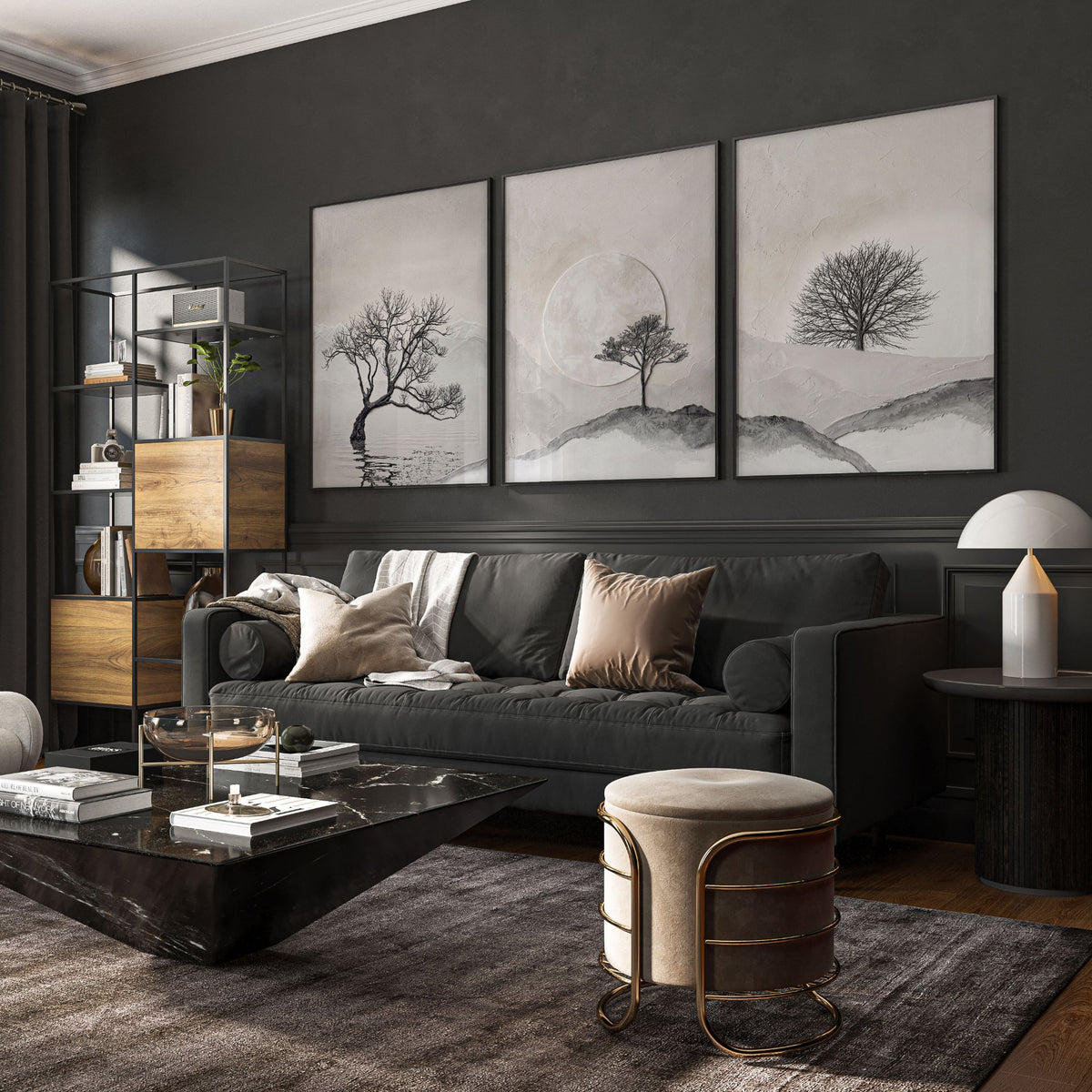 Large 3 Piece Wall Art for Living Room | Scandinavian Nordic Trees & Moon Landscape displayed on a wall in a styled room