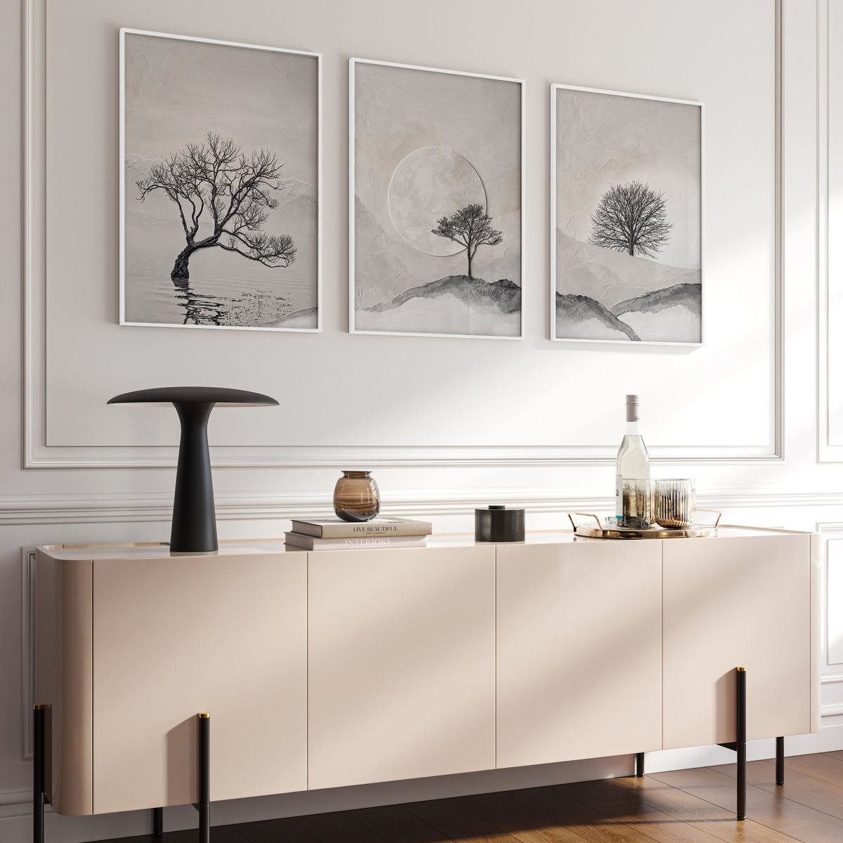 Large 3 Piece Wall Art for Living Room | Scandinavian Nordic Trees & Moon Landscape displayed on a wall in a styled room — view 10