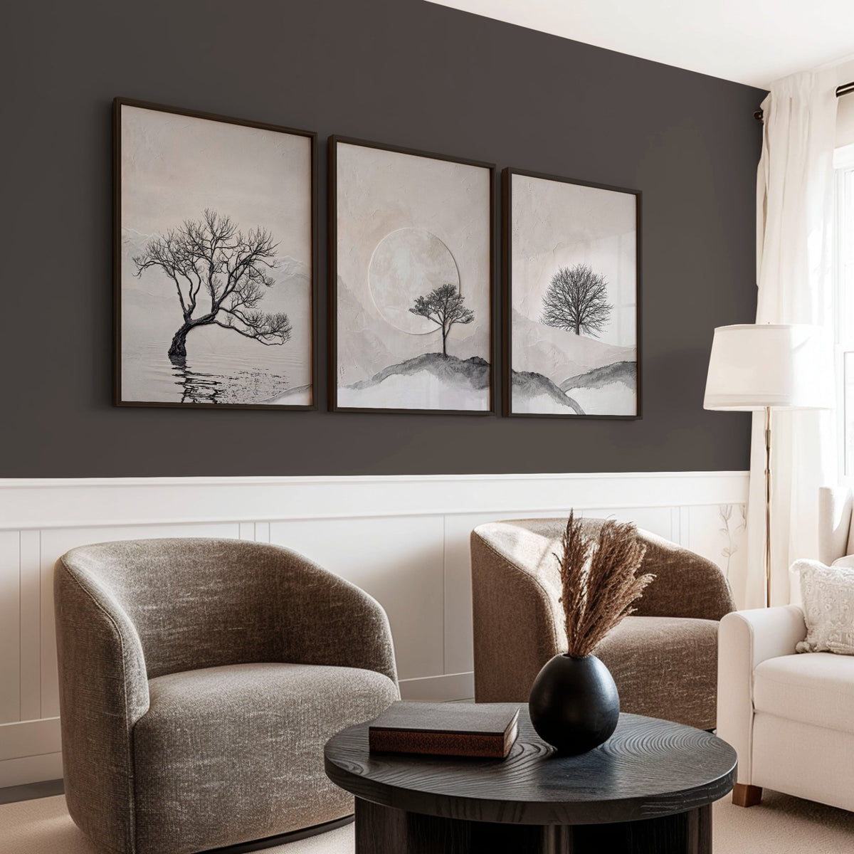 Large 3 Piece Wall Art for Living Room | Scandinavian Nordic Trees & Moon Landscape displayed on a wall in a styled room — view 11