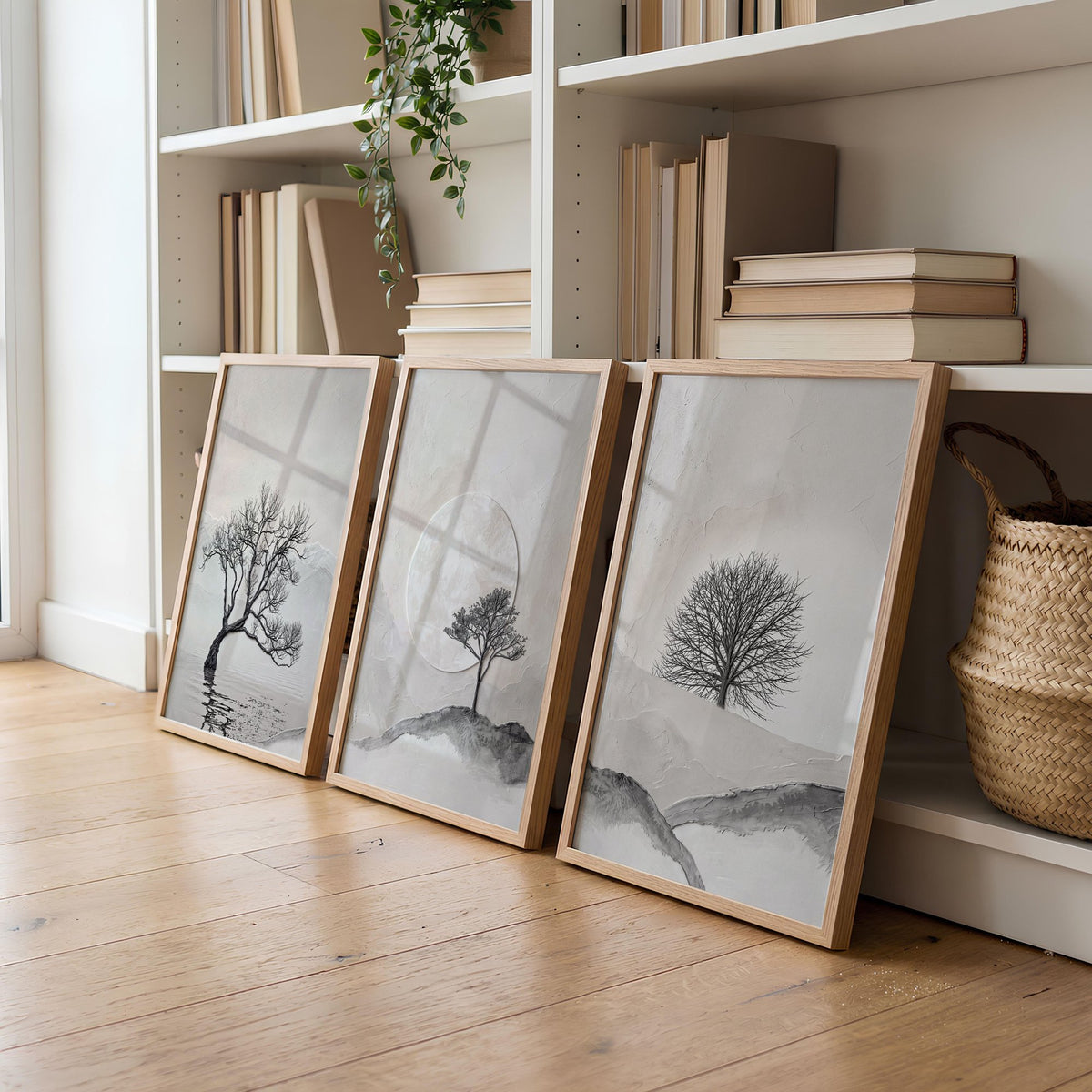 Large 3 Piece Wall Art for Living Room | Scandinavian Nordic Trees & Moon Landscape displayed on a wall in a styled room — view 12