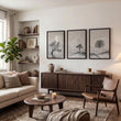 Large 3 Piece Wall Art for Living Room | Scandinavian Nordic Trees & Moon Landscape displayed on a wall in a styled room — view 13