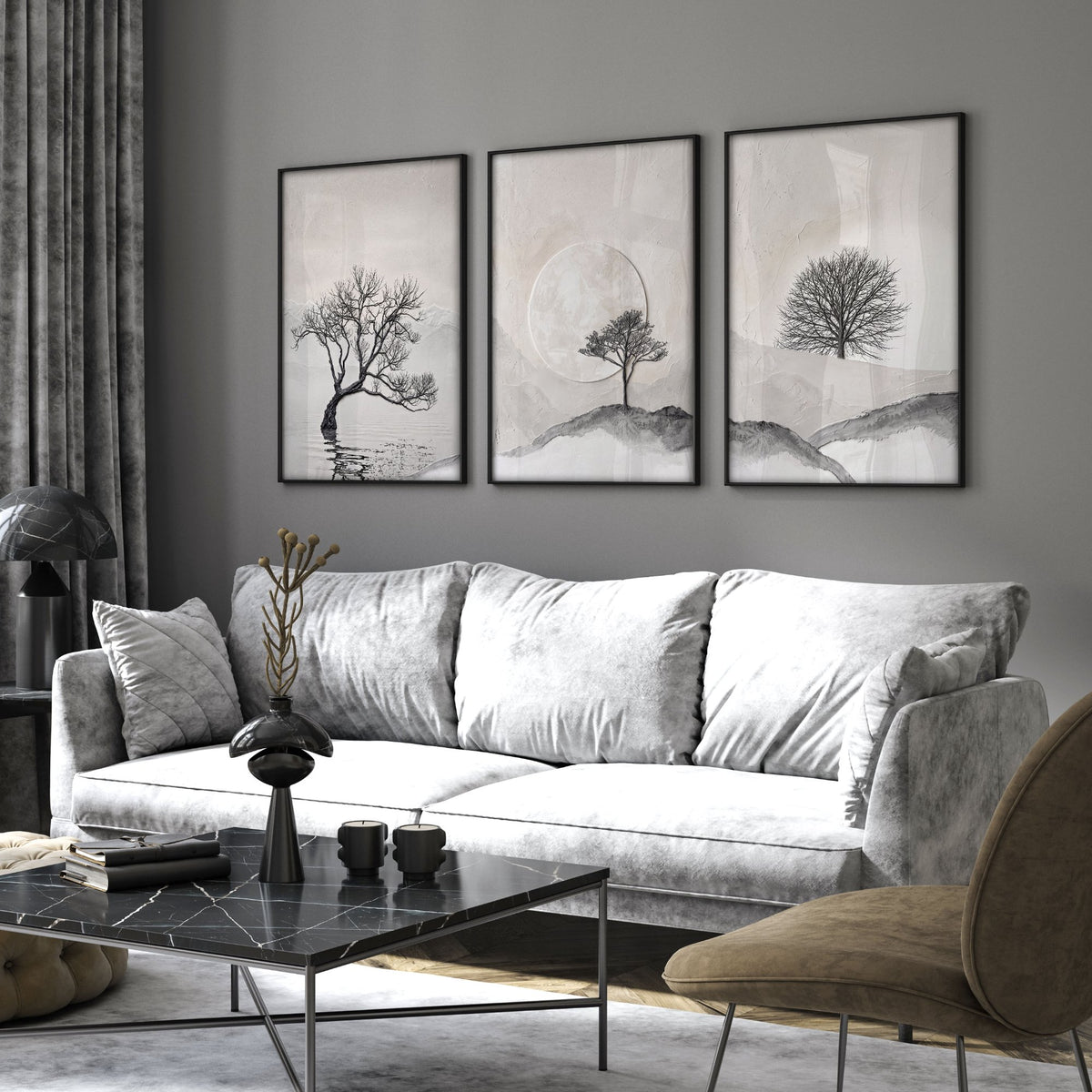 Large 3 Piece Wall Art for Living Room | Scandinavian Nordic Trees & Moon Landscape displayed on a wall in a styled room — view 14