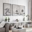 Large 3 Piece Wall Art for Living Room | Scandinavian Nordic Trees & Moon Landscape displayed on a wall in a styled room — view 15