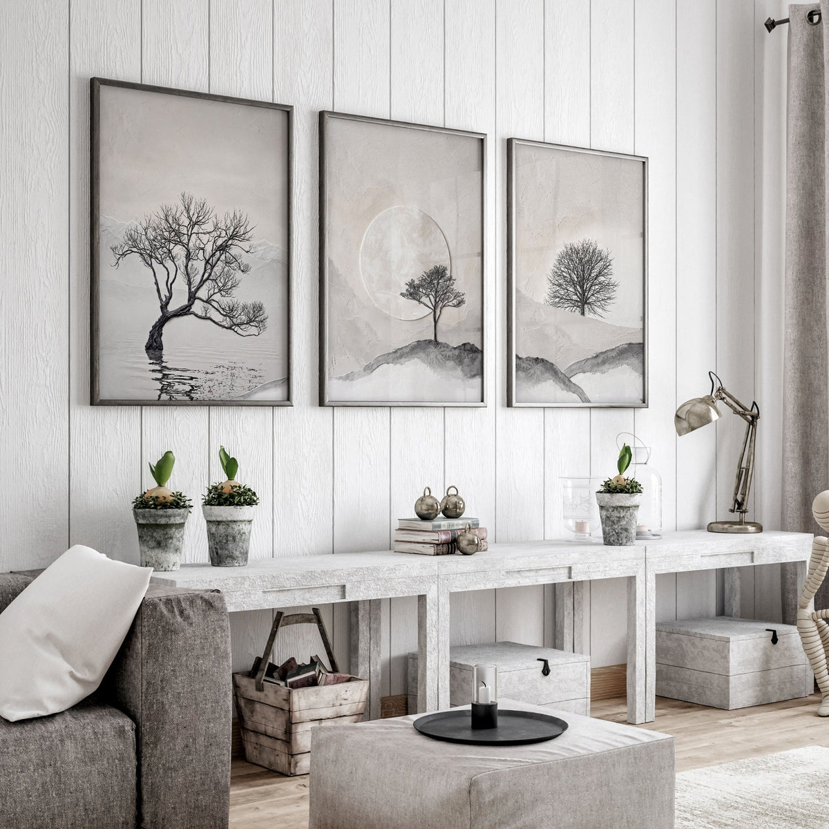 Large 3 Piece Wall Art for Living Room | Scandinavian Nordic Trees & Moon Landscape displayed on a wall in a styled room — view 15