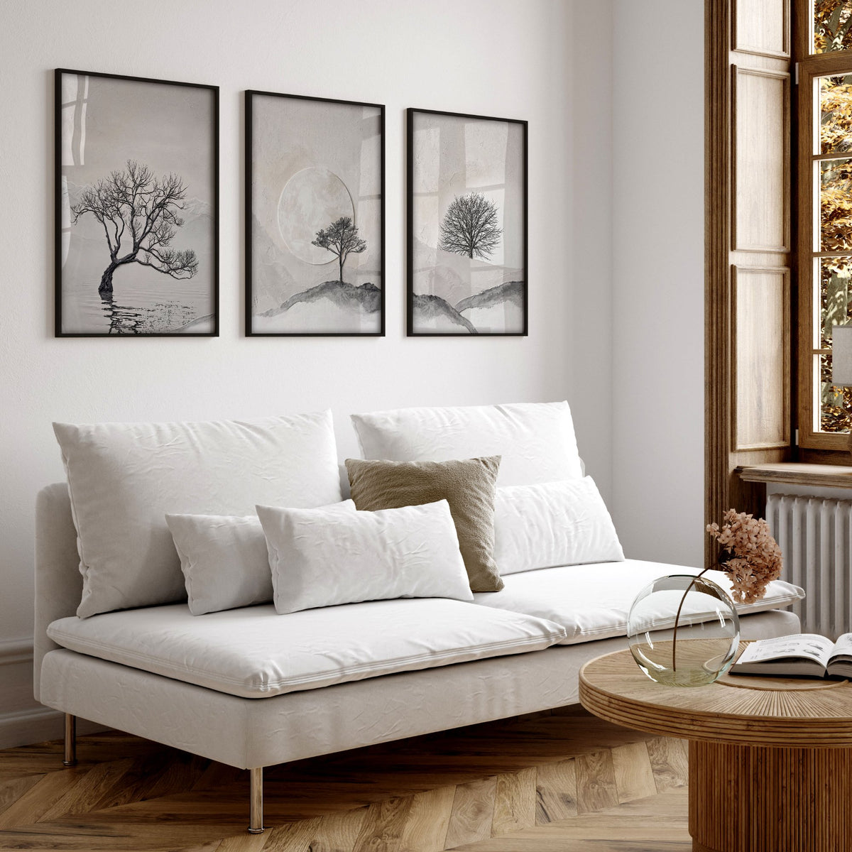 Large 3 Piece Wall Art for Living Room | Scandinavian Nordic Trees & Moon Landscape displayed on a wall in a styled room — view 16