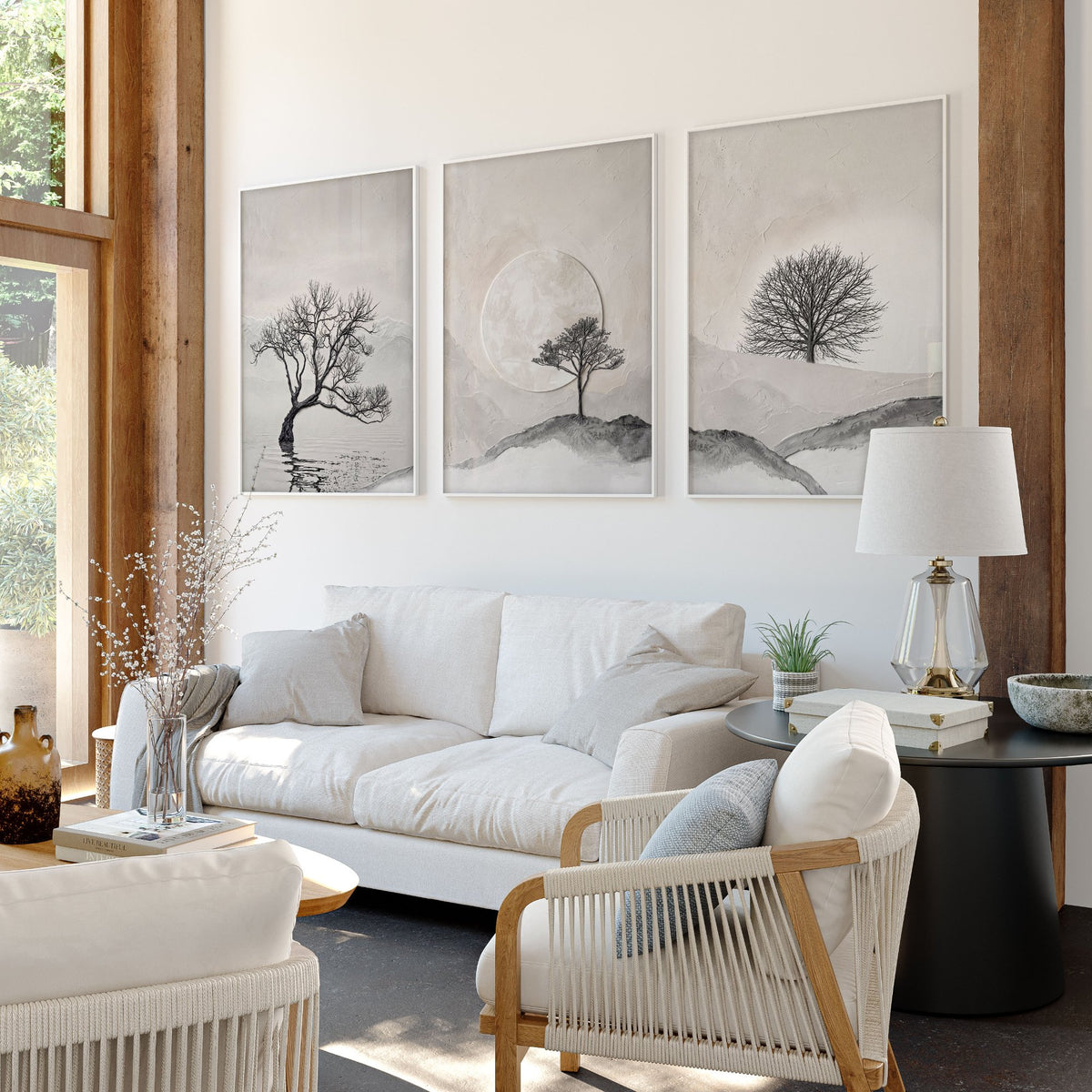 Large 3 Piece Wall Art for Living Room | Scandinavian Nordic Trees & Moon Landscape displayed on a wall in a styled room — view 2