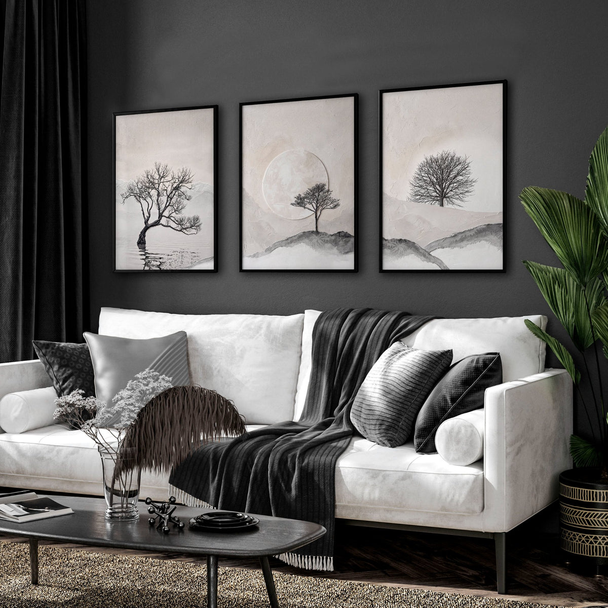 Large 3 Piece Wall Art for Living Room | Scandinavian Nordic Trees & Moon Landscape displayed on a wall in a styled room — view 4