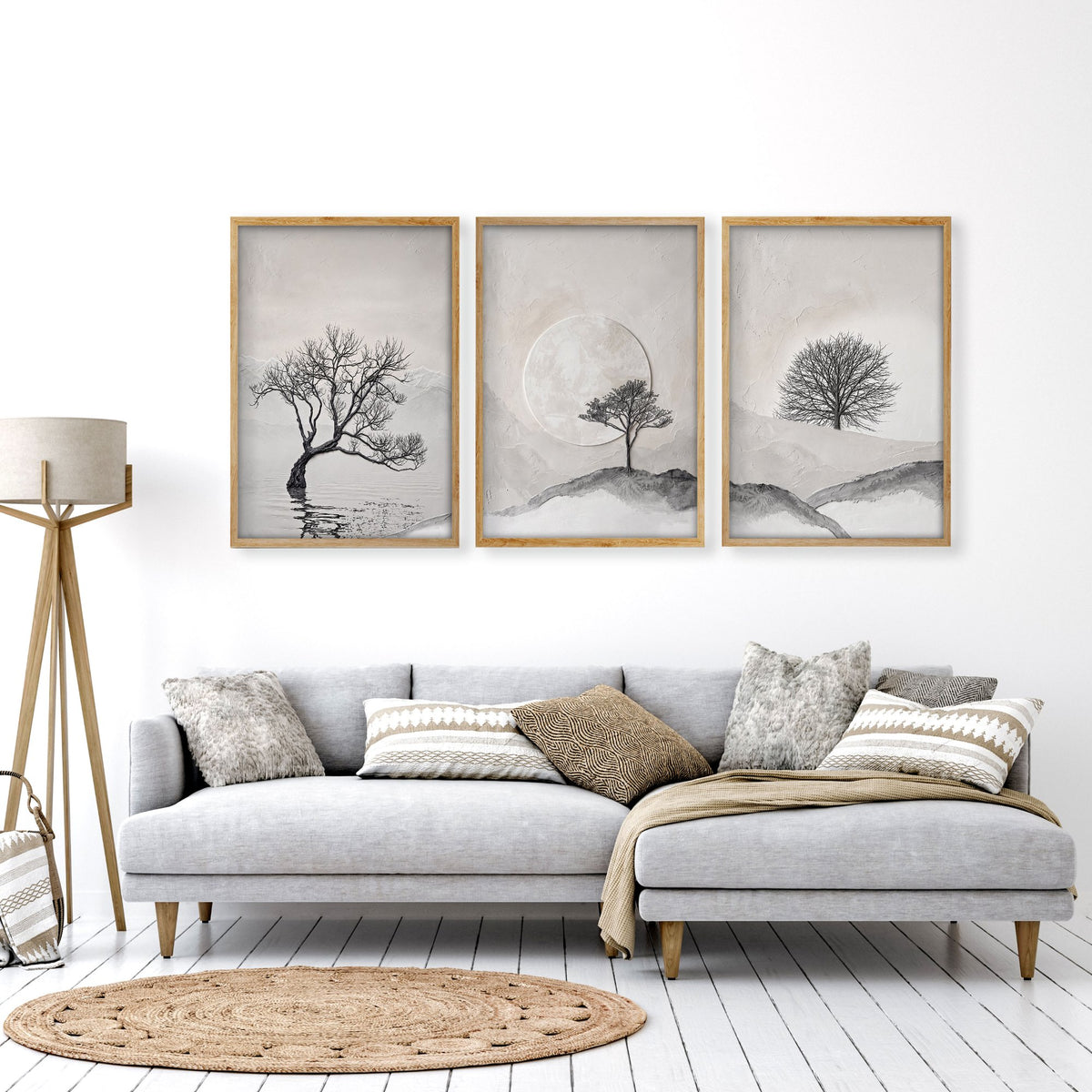 Large 3 Piece Wall Art for Living Room | Scandinavian Nordic Trees & Moon Landscape displayed on a wall in a styled room — view 5