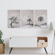 Large 3 Piece Wall Art for Living Room | Scandinavian Nordic Trees & Moon Landscape displayed on a wall in a styled room — view 6