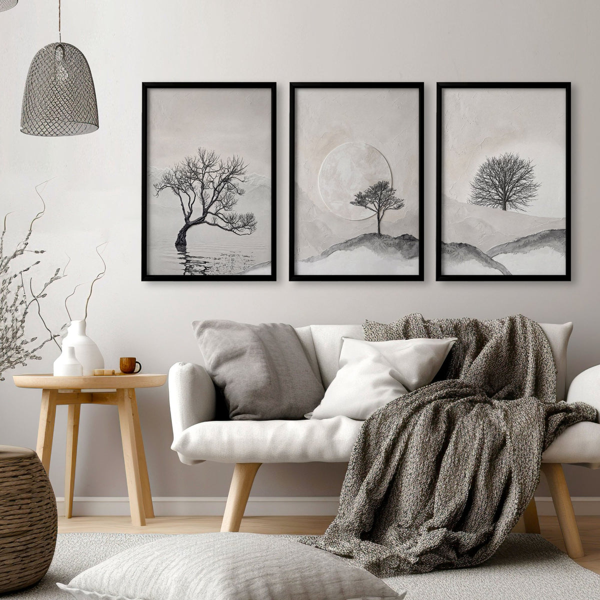 Large 3 Piece Wall Art for Living Room | Scandinavian Nordic Trees & Moon Landscape displayed on a wall in a styled room — view 7