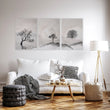Large 3 Piece Wall Art for Living Room | Scandinavian Nordic Trees & Moon Landscape displayed on a wall in a styled room — view 8
