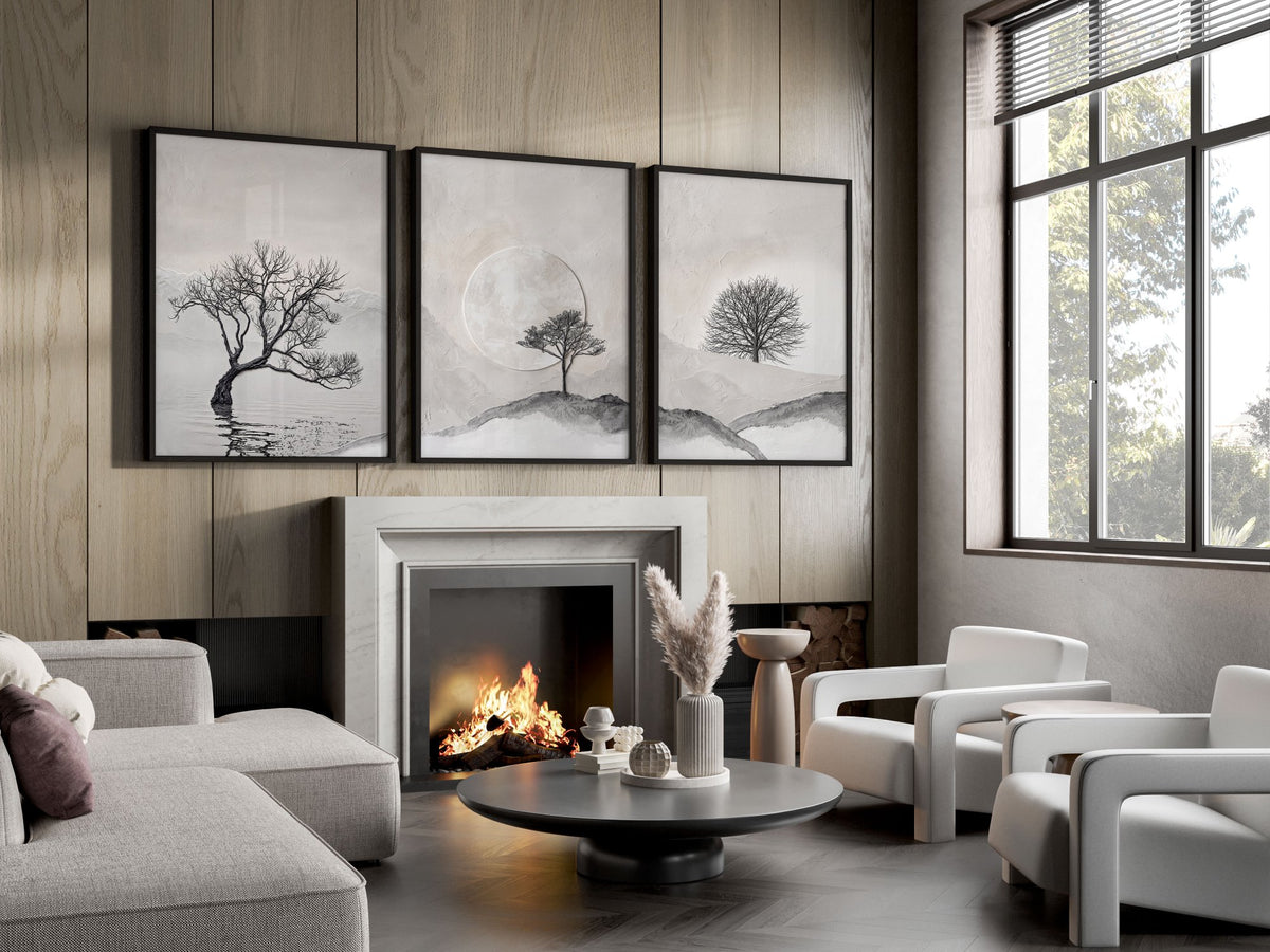 Large 3 Piece Wall Art for Living Room | Scandinavian Nordic Trees & Moon Landscape displayed on a wall in a styled room — view 9