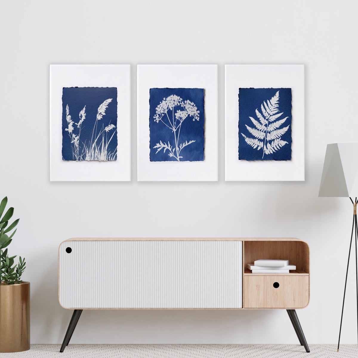 Large Art for Living Room Indigo Cyanotype Botanical wall art displayed on a wall in a styled room — view 10