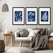 Large Art for Living Room Indigo Cyanotype Botanical wall art displayed on a wall in a styled room — view 11