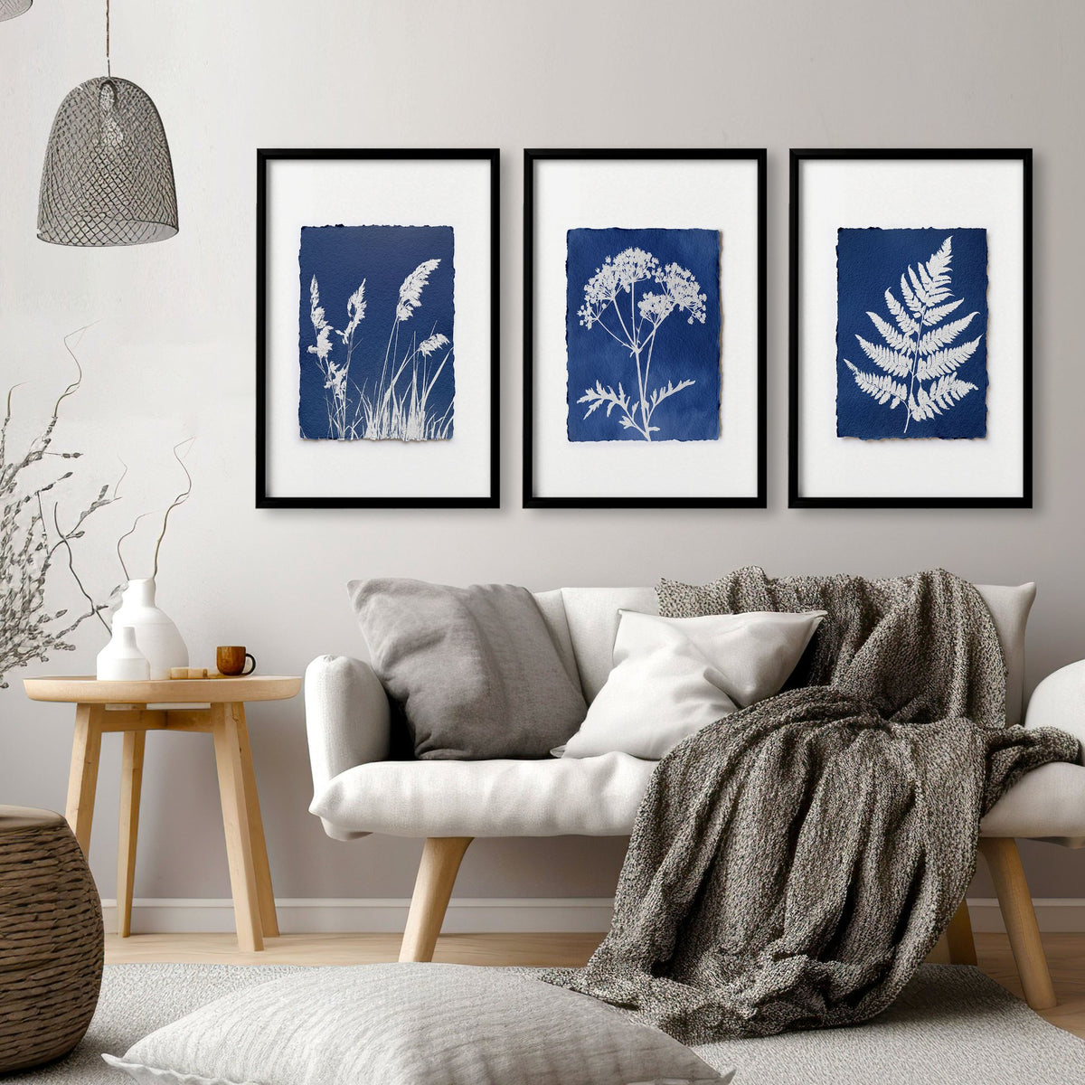 Large Art for Living Room Indigo Cyanotype Botanical wall art displayed on a wall in a styled room — view 11