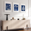 Large Art for Living Room Indigo Cyanotype Botanical wall art displayed on a wall in a styled room — view 12