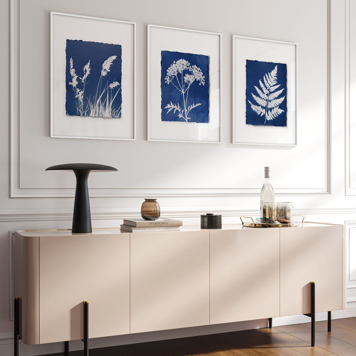 Large Art for Living Room Indigo Cyanotype Botanical wall art displayed on a wall in a styled room — view 12