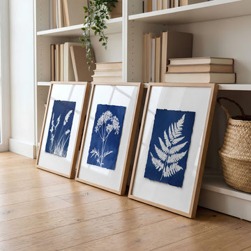 Large Art for Living Room Indigo Cyanotype Botanical wall art displayed on a wall in a styled room