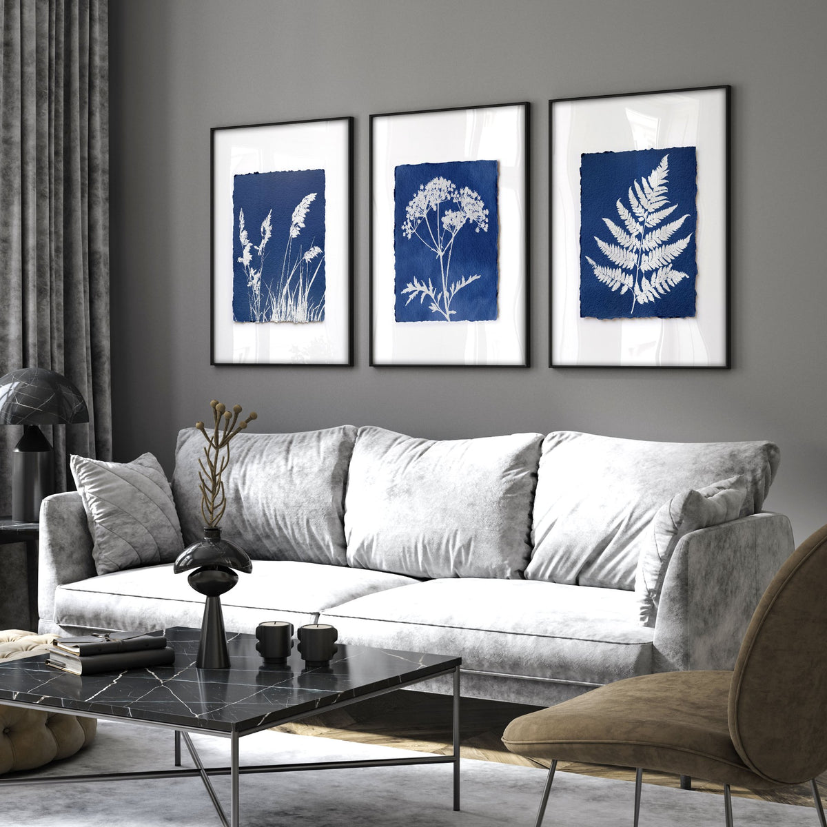 Large Art for Living Room Indigo Cyanotype Botanical wall art displayed on a wall in a styled room — view 2