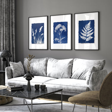 Large Art for Living Room Indigo Cyanotype Botanical wall art displayed on a wall in a styled room — view 2