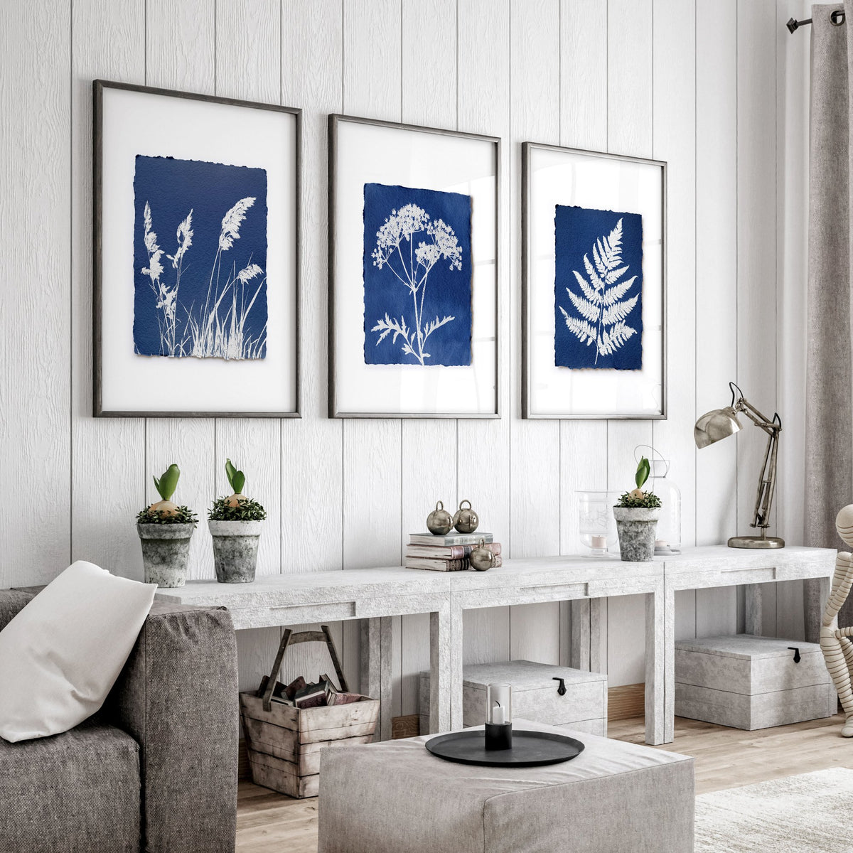 Large Art for Living Room Indigo Cyanotype Botanical wall art displayed on a wall in a styled room — view 3