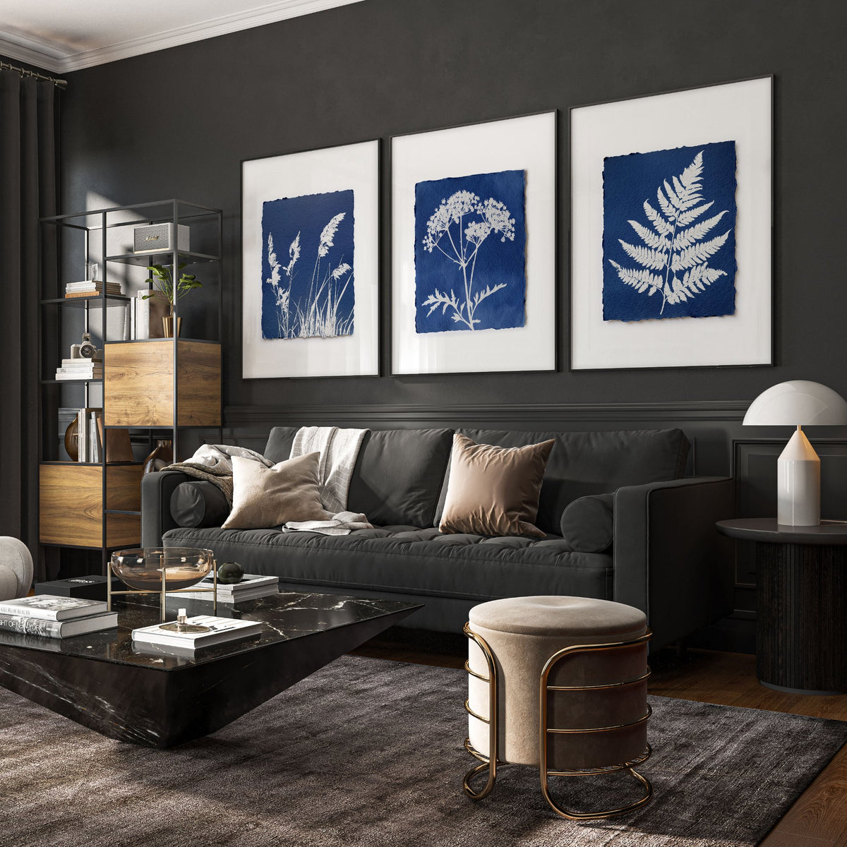 Large Art for Living Room Indigo Cyanotype Botanical wall art displayed on a wall in a styled room — view 5
