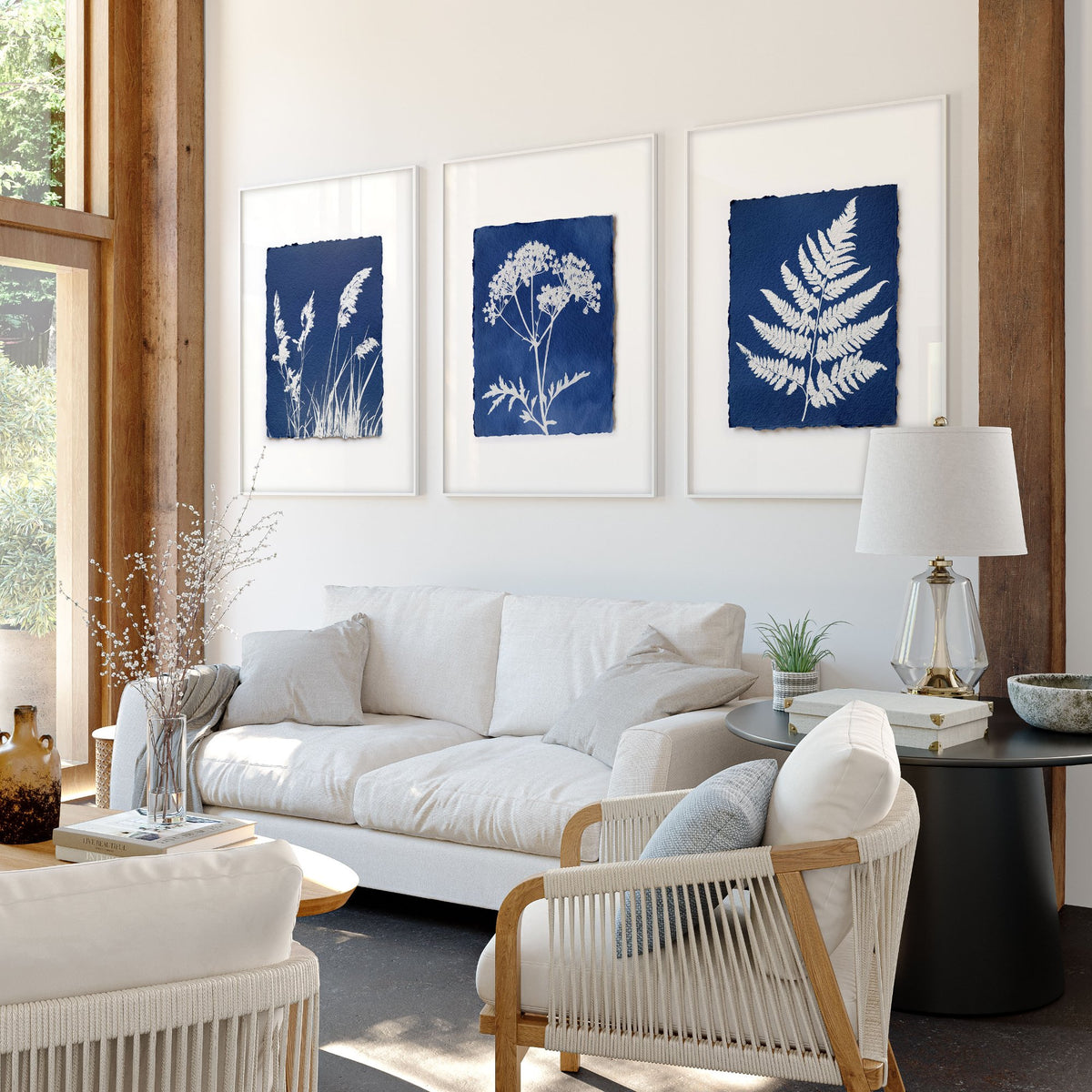 Large Art for Living Room Indigo Cyanotype Botanical wall art displayed on a wall in a styled room — view 6