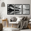 Large Art Living Room Japanese Moonrise Silhouette wall art displayed on a wall in a styled room