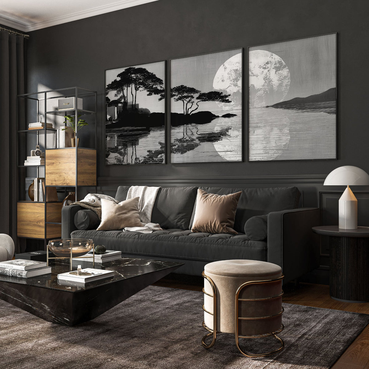 Large Art Living Room Japanese Moonrise Silhouette wall art displayed on a wall in a styled room — view 10