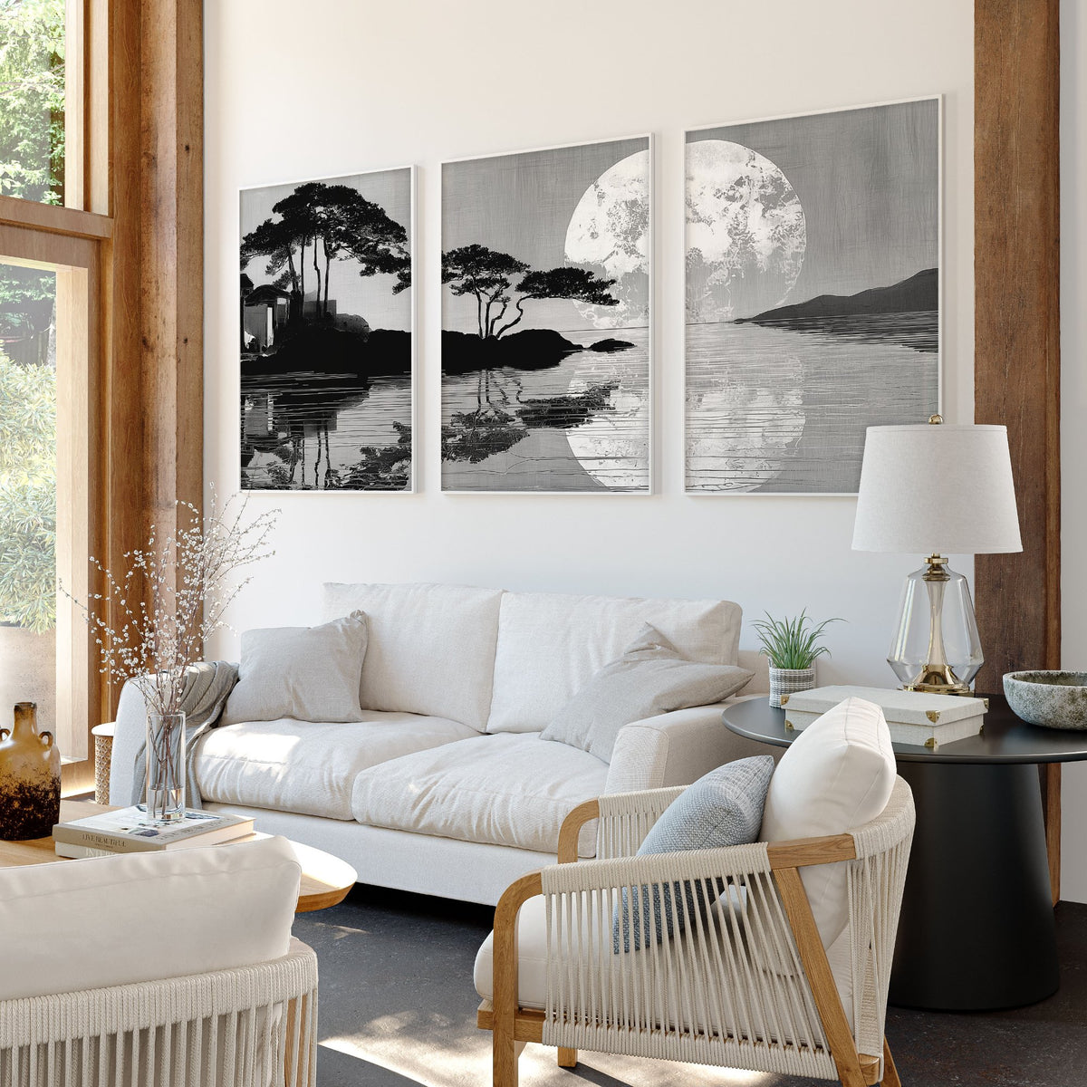 Large Art Living Room Japanese Moonrise Silhouette wall art displayed on a wall in a styled room — view 11