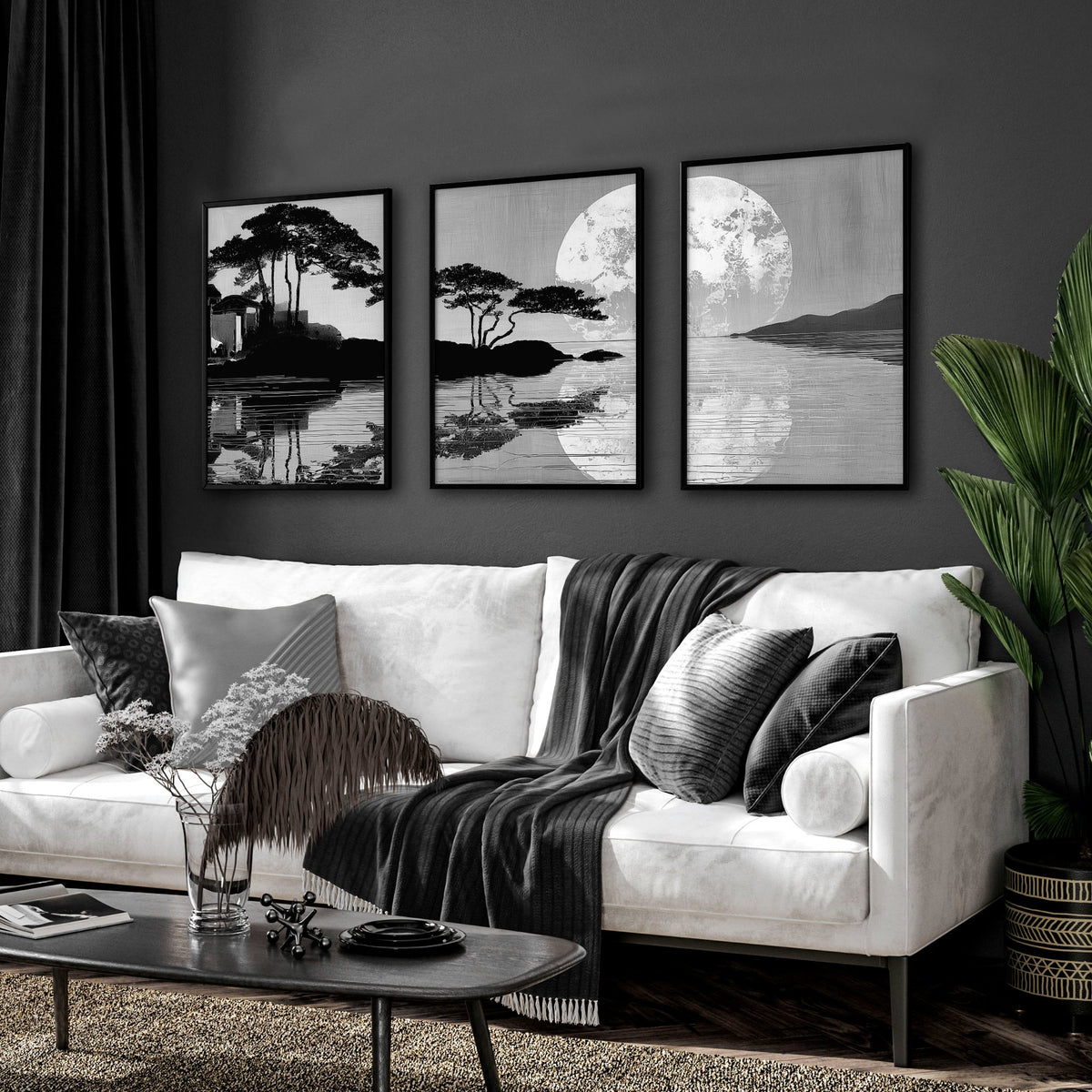 Large Art Living Room Japanese Moonrise Silhouette wall art displayed on a wall in a styled room — view 13