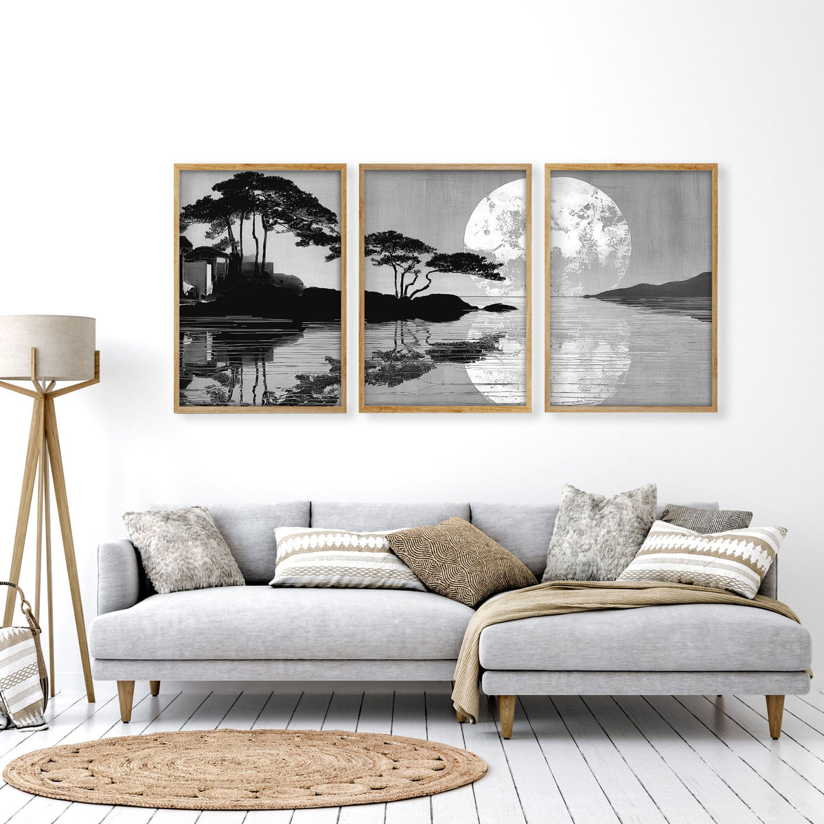 Large Art Living Room Japanese Moonrise Silhouette wall art displayed on a wall in a styled room — view 14