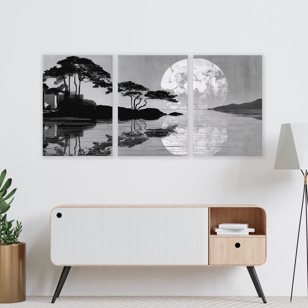 Large Art Living Room Japanese Moonrise Silhouette wall art displayed on a wall in a styled room — view 15