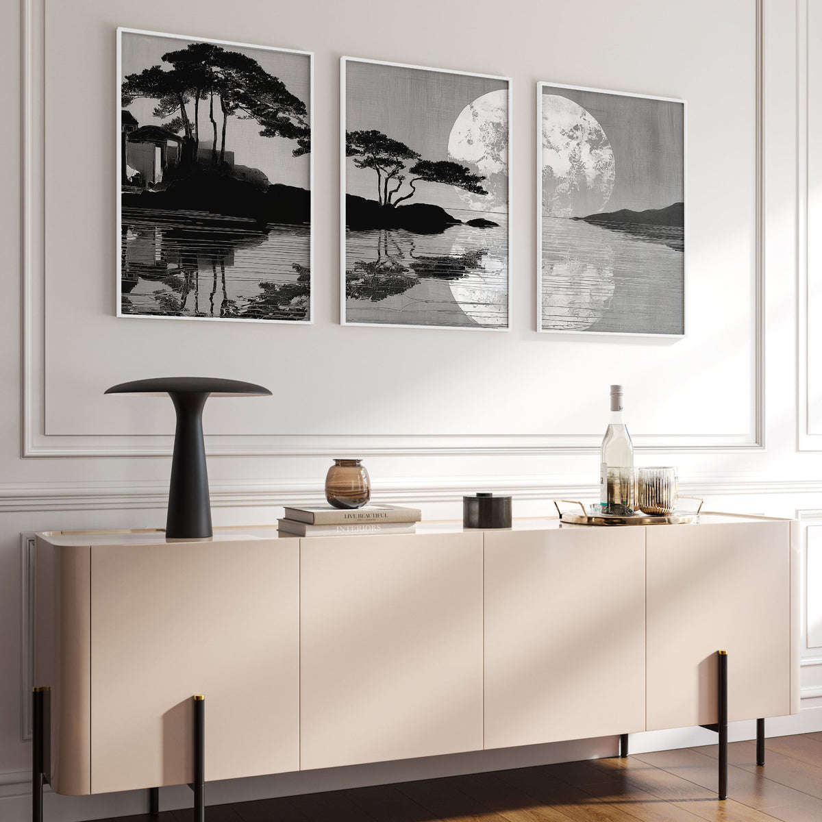 Large Art Living Room Japanese Moonrise Silhouette wall art displayed on a wall in a styled room — view 3