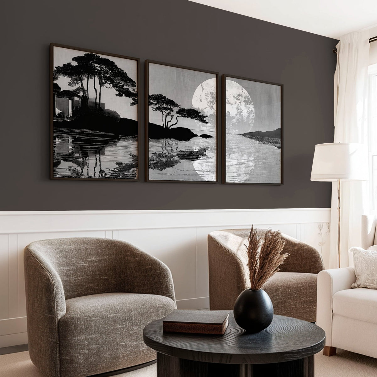 Large Art Living Room Japanese Moonrise Silhouette wall art displayed on a wall in a styled room — view 4