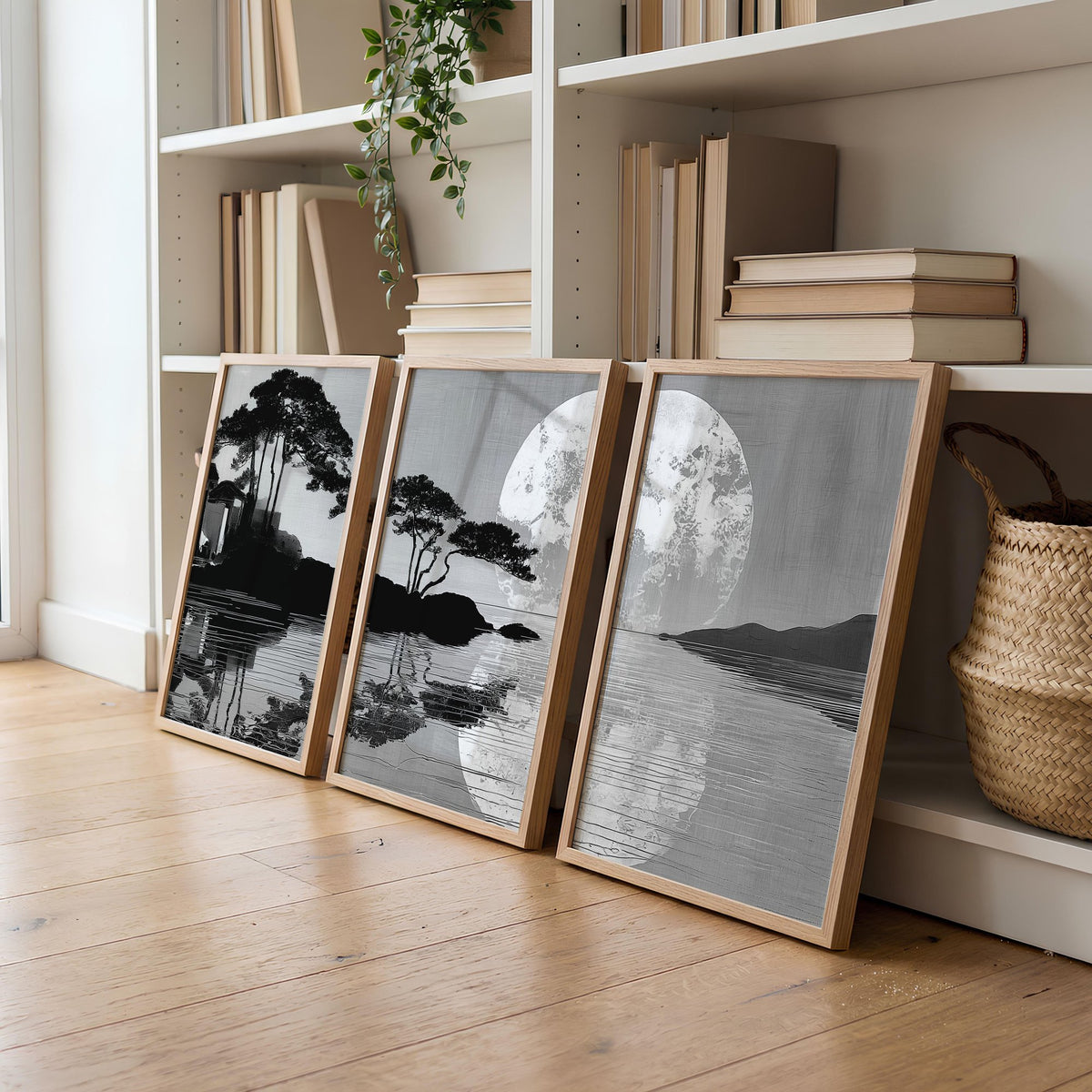 Large Art Living Room Japanese Moonrise Silhouette wall art displayed on a wall in a styled room — view 5