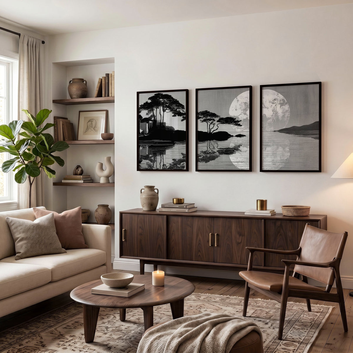 Large Art Living Room Japanese Moonrise Silhouette wall art displayed on a wall in a styled room — view 6