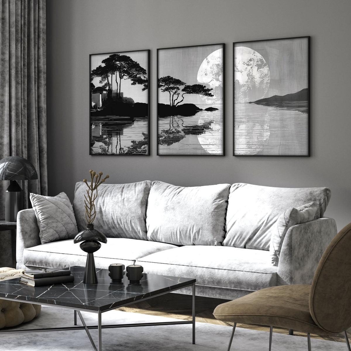 Large Art Living Room Japanese Moonrise Silhouette wall art displayed on a wall in a styled room — view 7