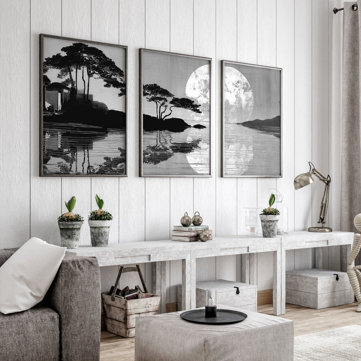 Large Art Living Room Japanese Moonrise Silhouette wall art displayed on a wall in a styled room — view 8