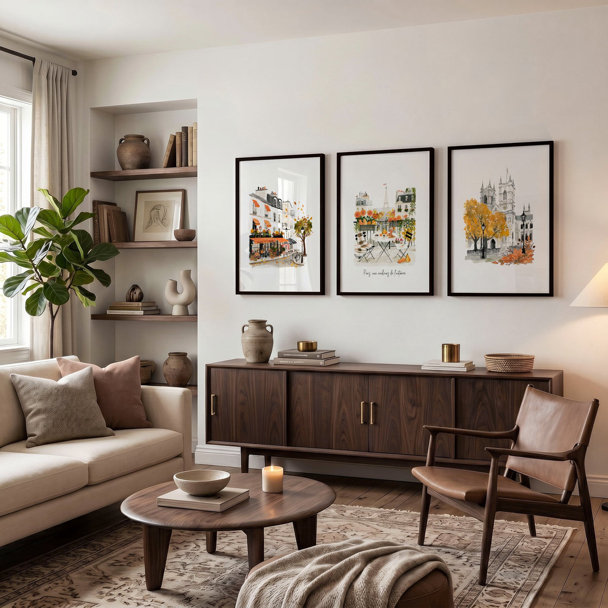 Large Artwork for Living Room Autumn Paris Watercolour | "Paris, aux couleurs de l'automne" displayed on a wall in a styled room — view 3