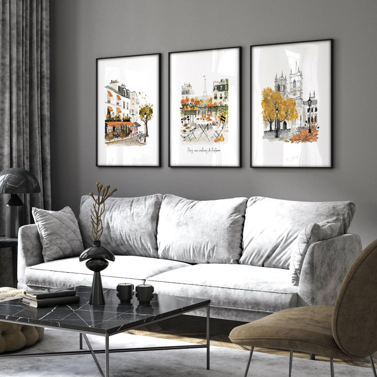Large Artwork for Living Room Autumn Paris Watercolour | "Paris, aux couleurs de l'automne" displayed on a wall in a styled room — view 4