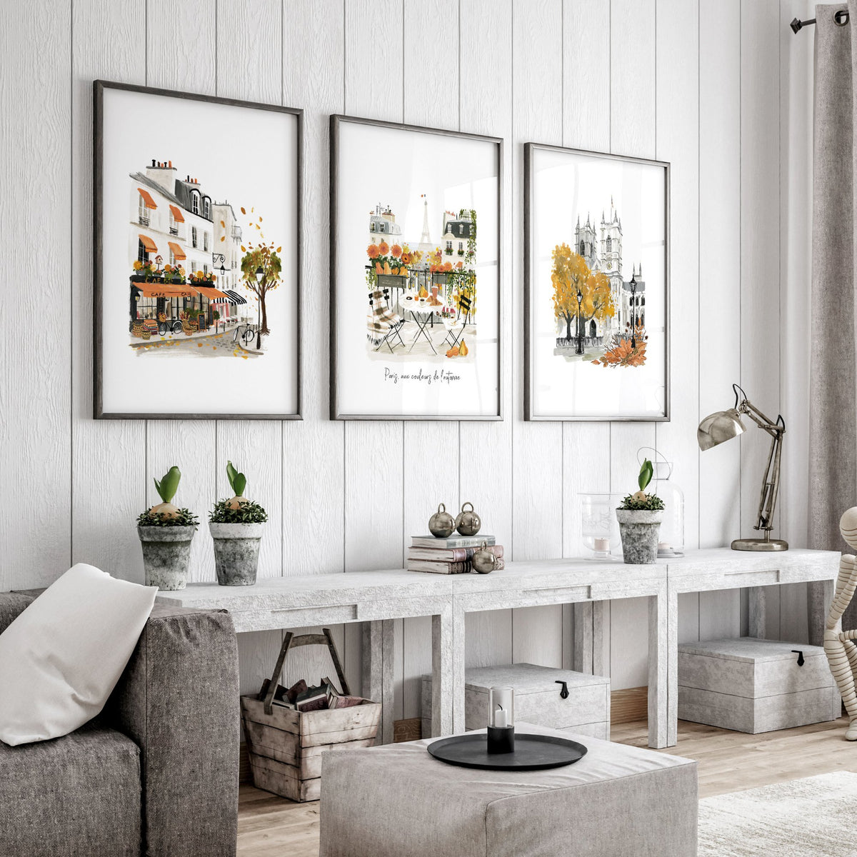 Large Artwork for Living Room Autumn Paris Watercolour | "Paris, aux couleurs de l'automne" displayed on a wall in a styled room — view 5